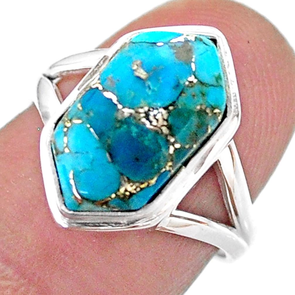 5.11cts hexagon blue copper turquoise 925 silver solitaire ring size 6.5 t48555
