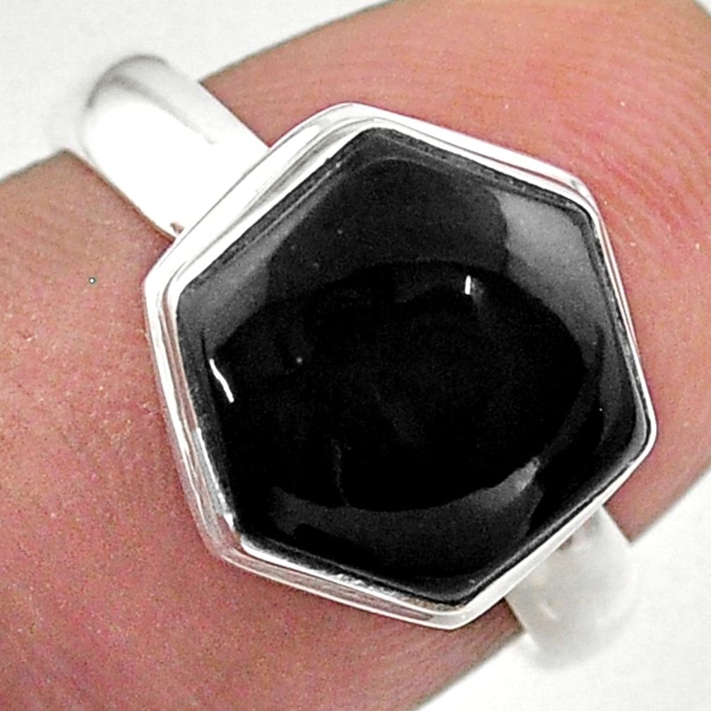 4.45cts hexagon natural black onyx 925 silver solitaire ring size 6 t48247