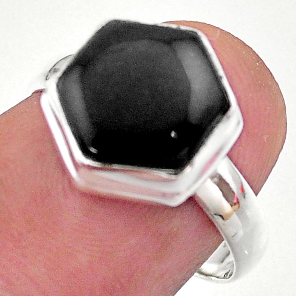5.43cts hexagon natural black onyx 925 silver solitaire ring size 7 t48267
