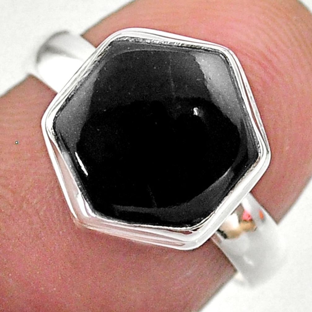 4.92cts hexagon natural black onyx 925 silver solitaire ring size 7 t48280