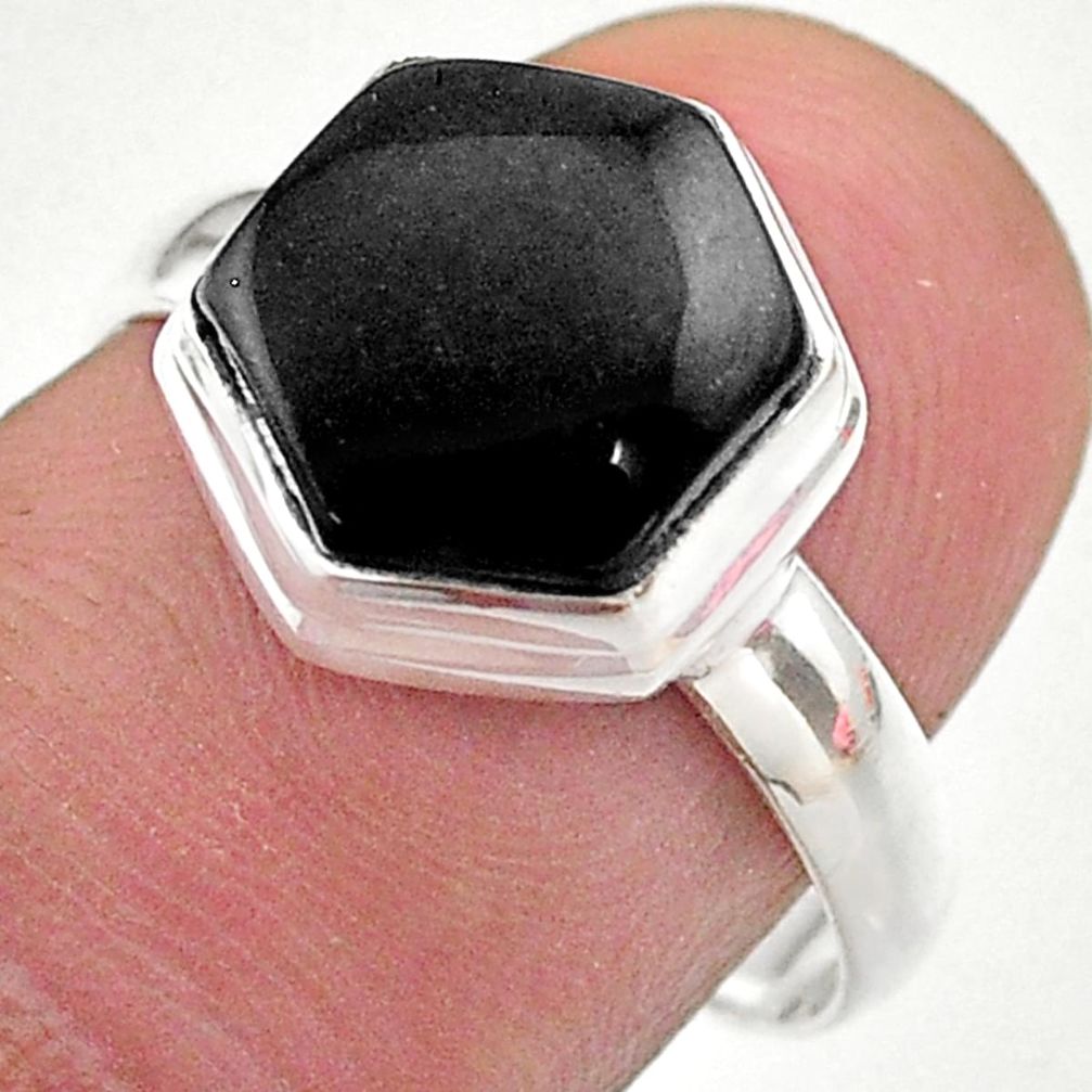 5.43cts hexagon natural black onyx 925 silver solitaire ring size 8 t48261