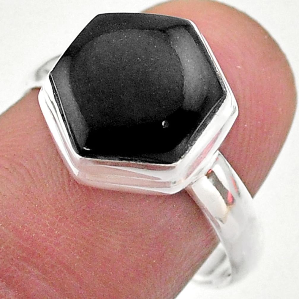 4.89cts hexagon natural black onyx 925 silver solitaire ring size 8 t48263