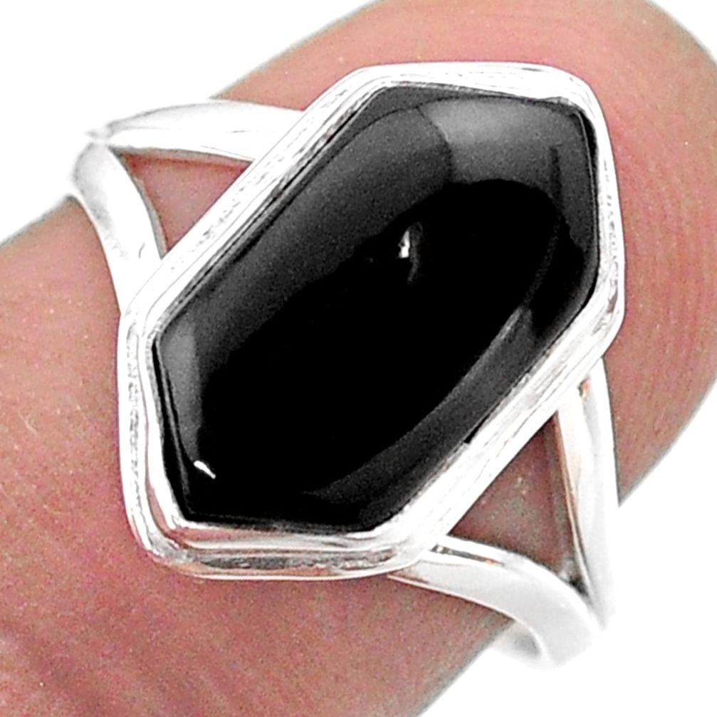 6.02cts hexagon natural black onyx 925 silver solitaire ring size 8 t48539