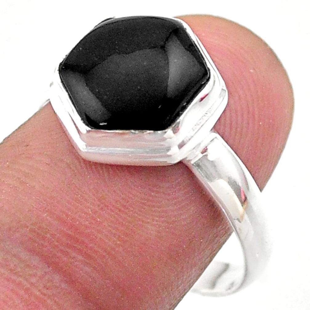 5.71cts hexagon natural black onyx 925 silver solitaire ring size 9 t48266