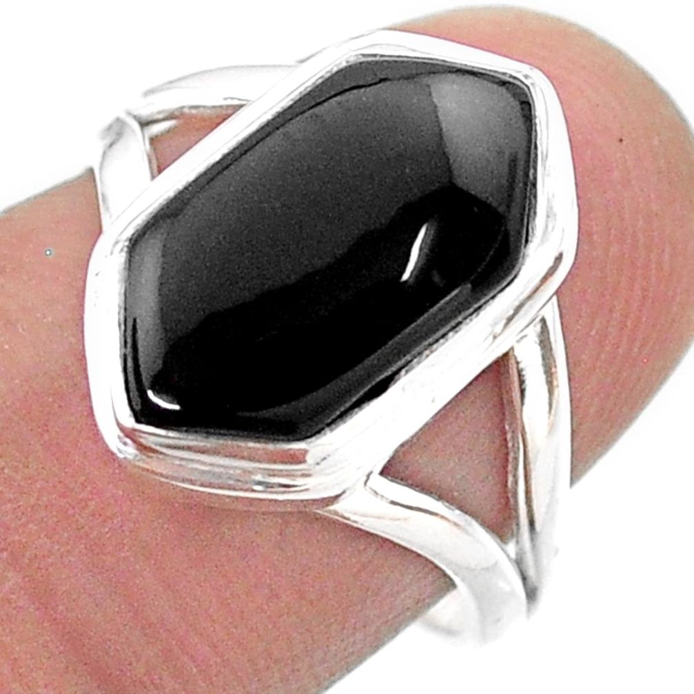 5.84cts hexagon natural black onyx 925 silver solitaire ring size 7.5 t48562