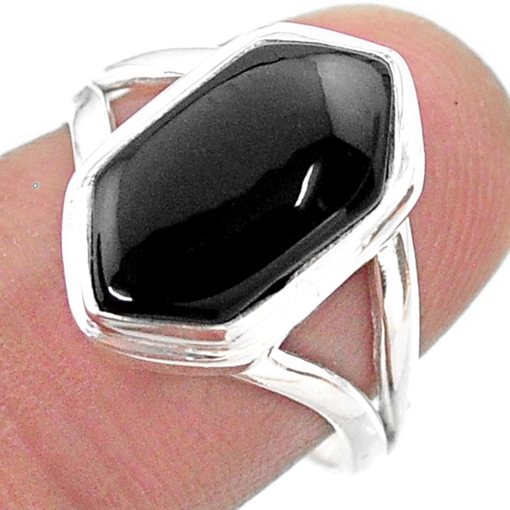 5.83cts hexagon natural black onyx 925 silver solitaire ring size 7.5 t48564