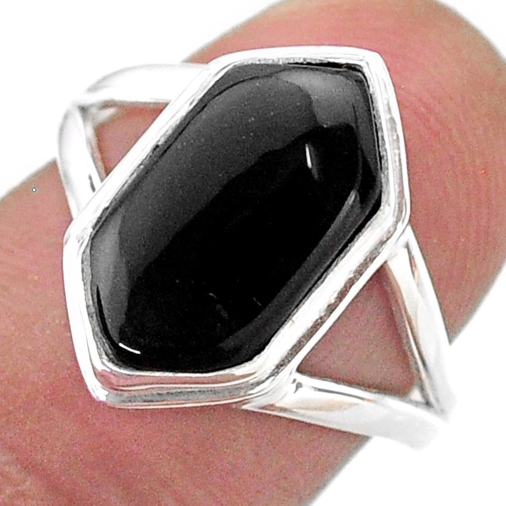 5.36cts hexagon natural black onyx 925 silver solitaire ring size 7.5 t48593