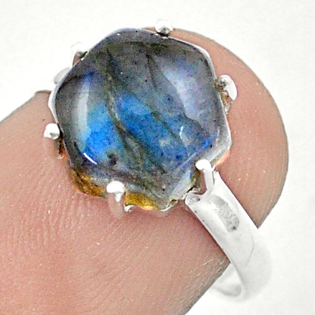 4.59cts hexagon natural blue labradorite 925 silver solitaire ring size 7 u20367
