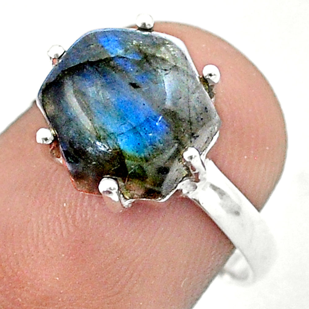 4.94cts hexagon natural blue labradorite 925 silver solitaire ring size 7 u20369
