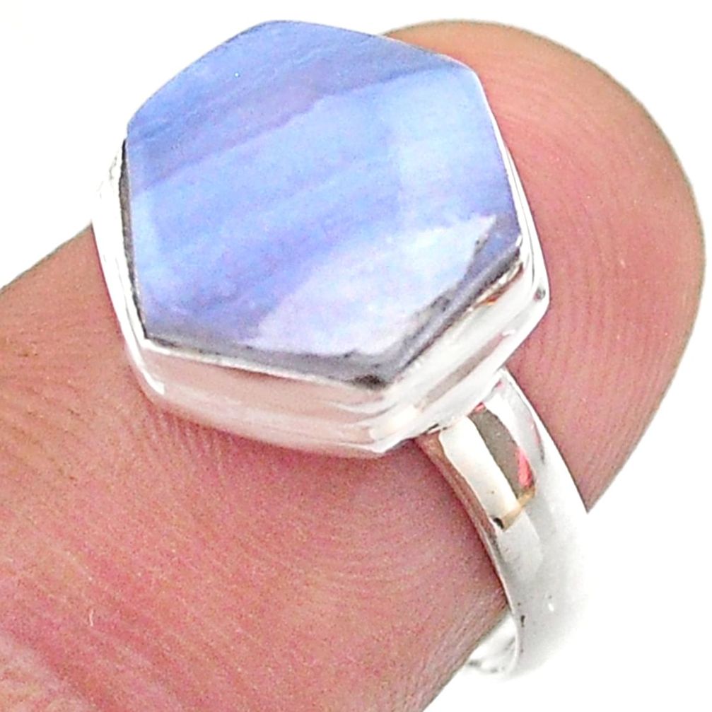 6.09cts hexagon natural blue lace agate 925 silver solitaire ring size 7 t48227