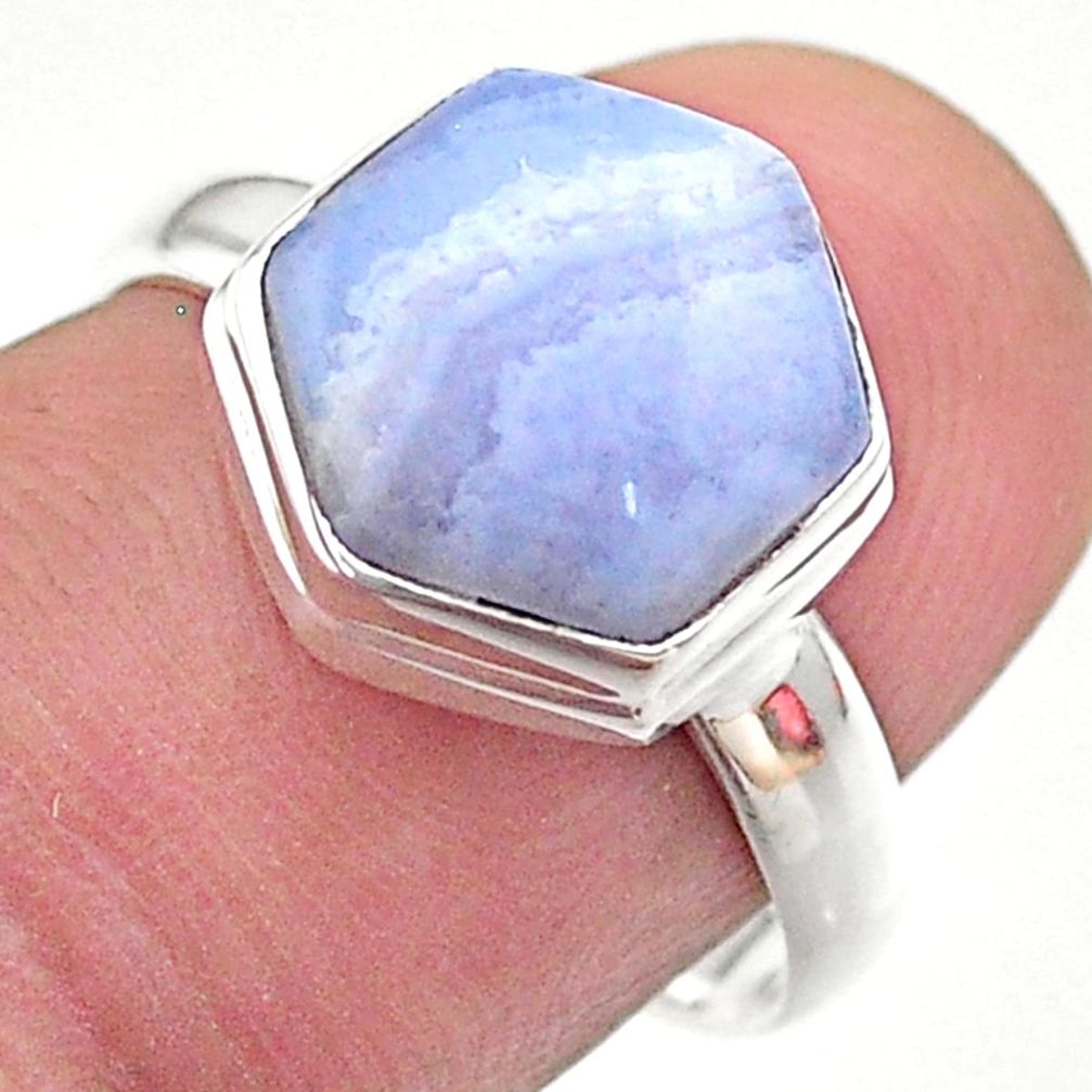 5.71cts hexagon natural blue lace agate 925 silver solitaire ring size 8 t48239