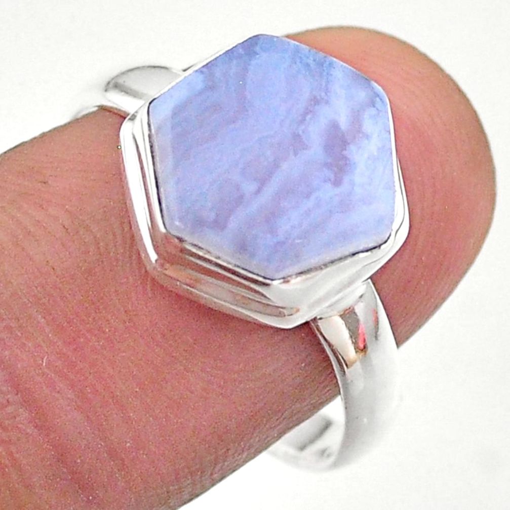 5.22cts hexagon natural blue lace agate 925 silver solitaire ring size 9 t48232