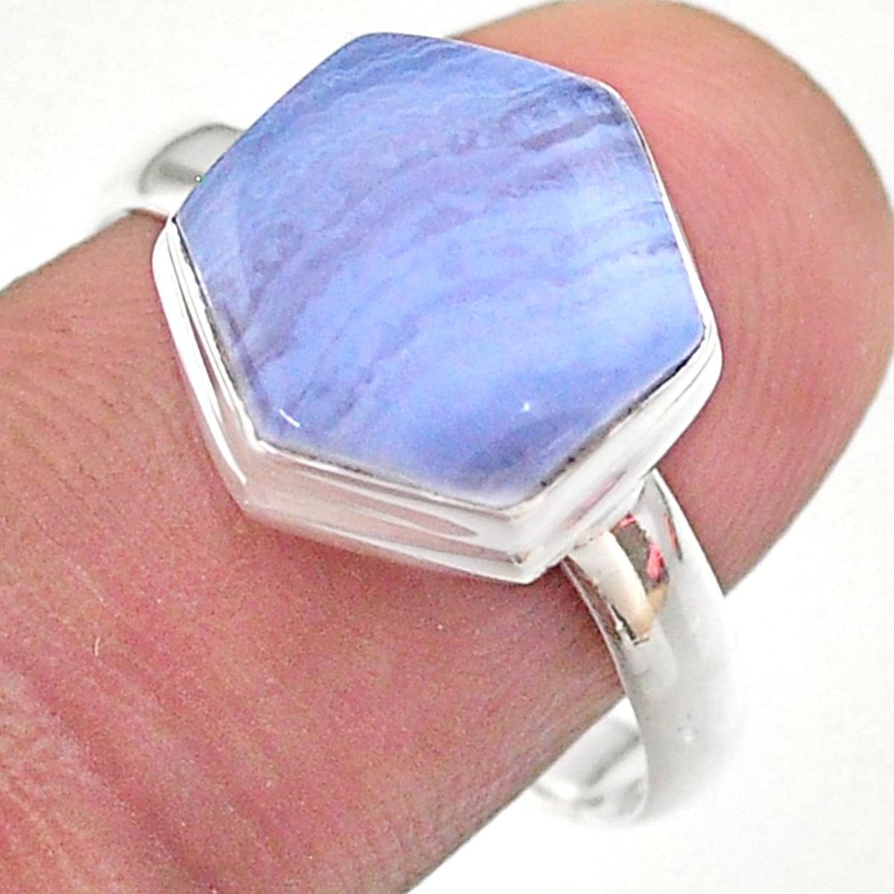 6.04cts hexagon natural blue lace agate 925 silver solitaire ring size 9 t48234