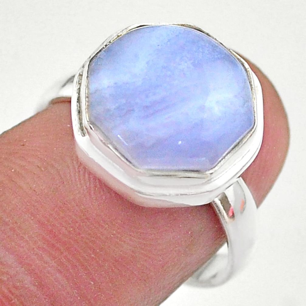 7.04cts hexagon natural blue lace agate silver solitaire ring size 7.5 t48301