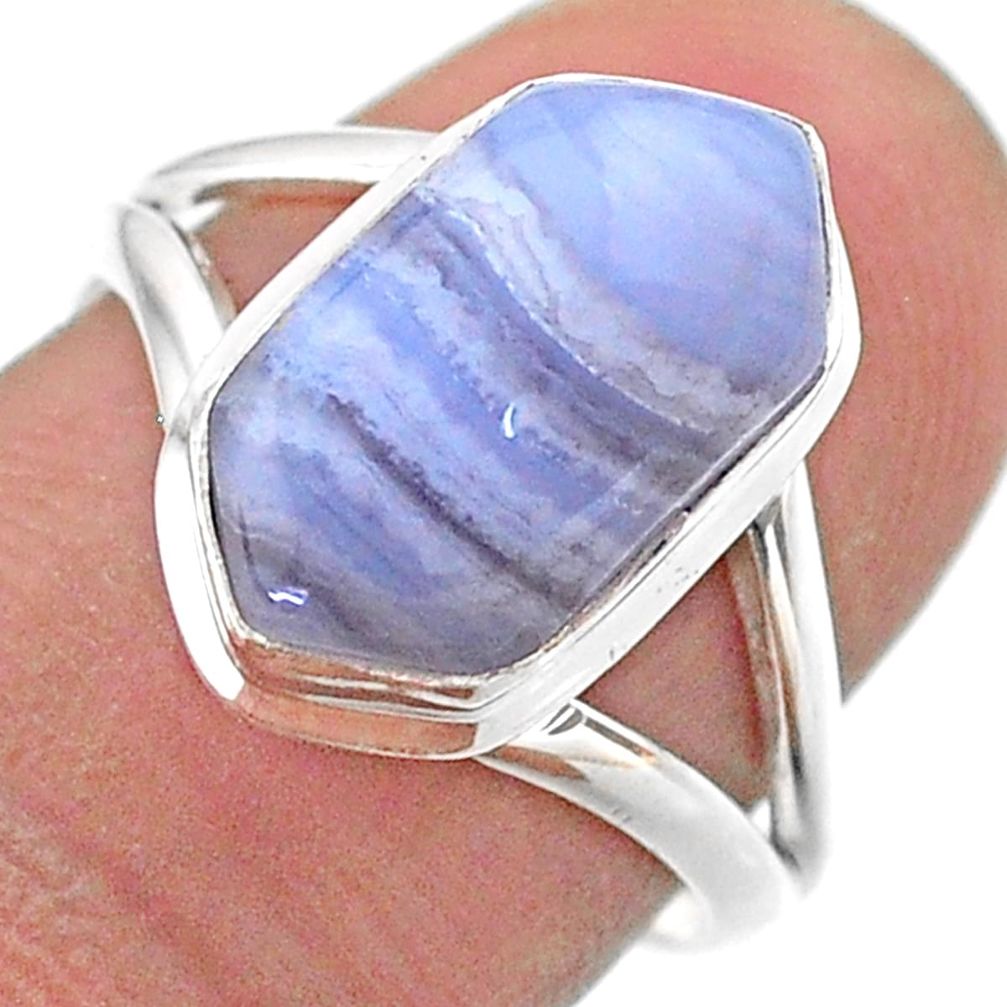 4.82cts hexagon natural blue lace agate silver solitaire ring size 7.5 t48607