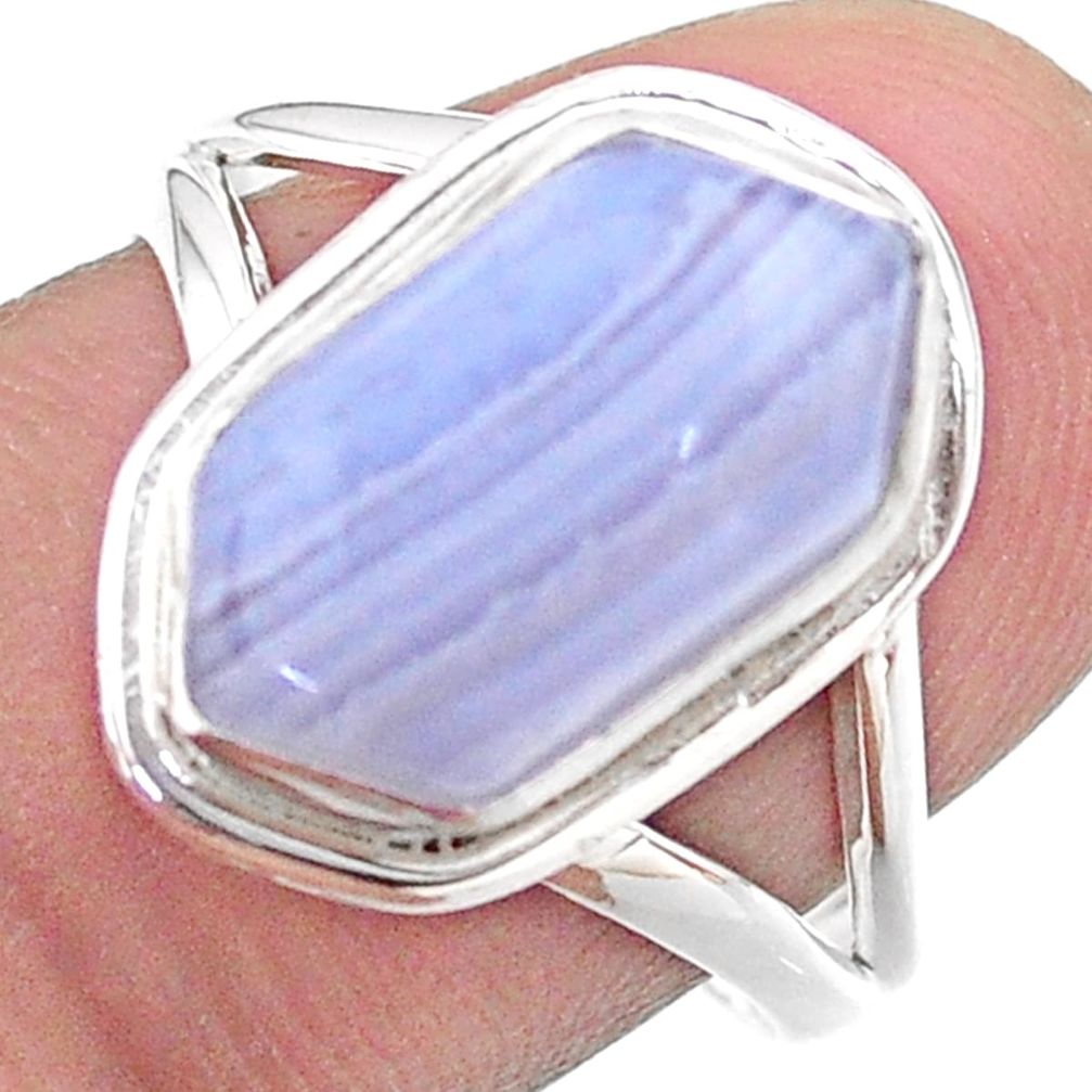 5.63cts hexagon natural blue lace agate silver solitaire ring size 8.5 t48651