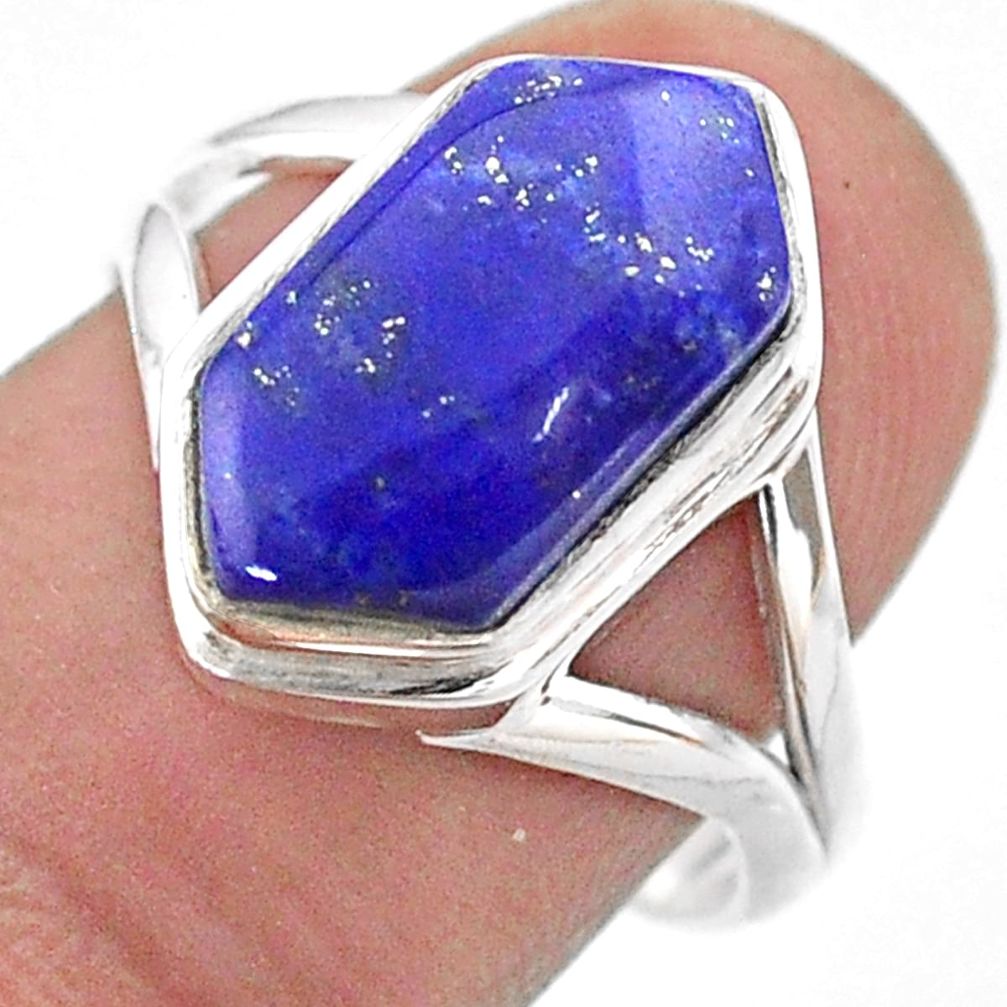 5.63cts hexagon natural blue lapis lazuli silver solitaire ring size 8.5 t48572