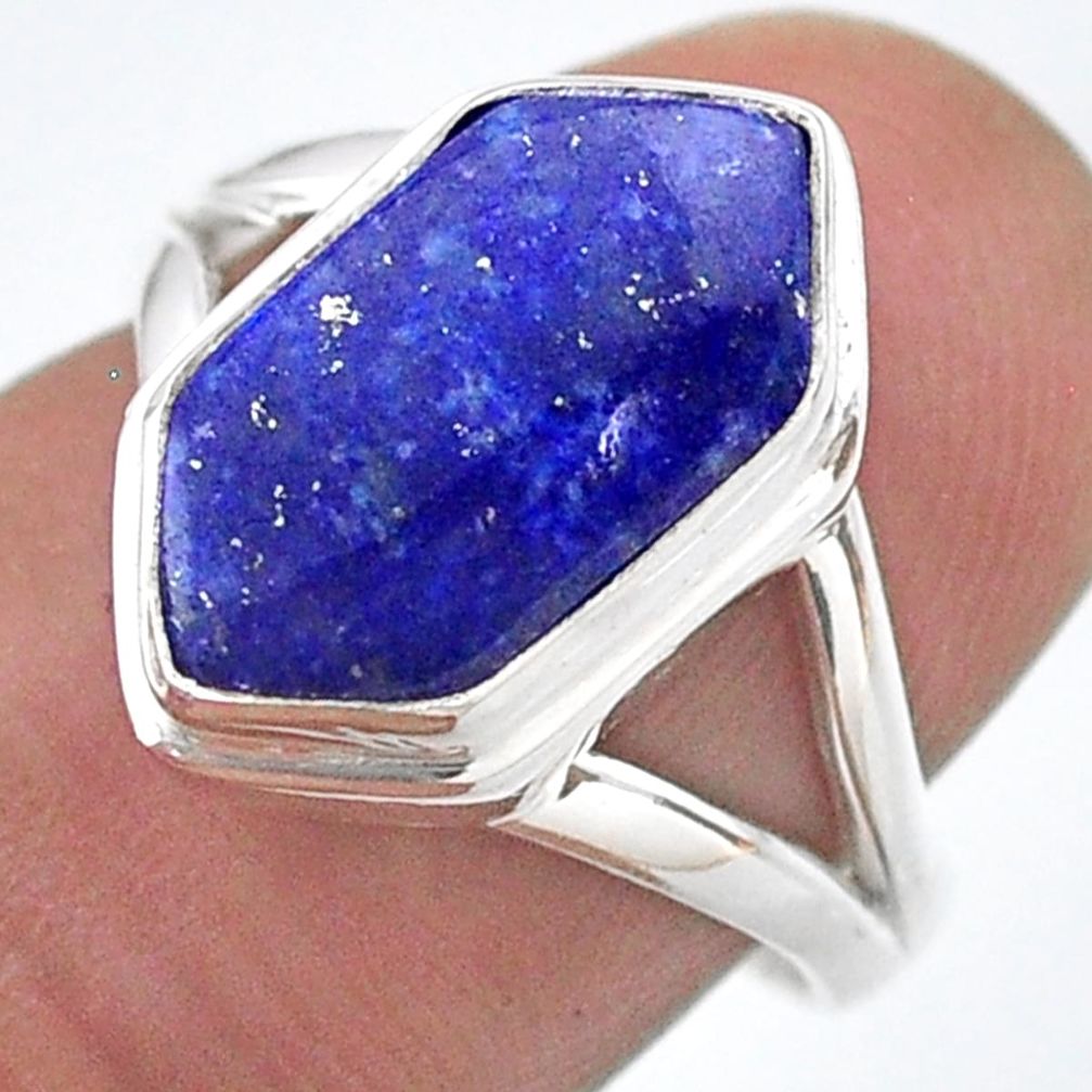 5.54cts hexagon natural blue lapis lazuli silver solitaire ring size 7.5 t48599