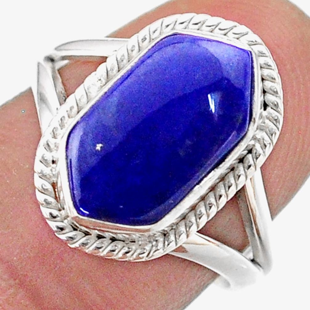 5.10cts hexagon natural blue lapis lazuli silver solitaire ring size 7.5 t48656