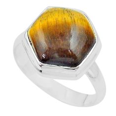6.43cts hexagon natural brown tiger's eye 925 sterling silver ring size 8 u23030
