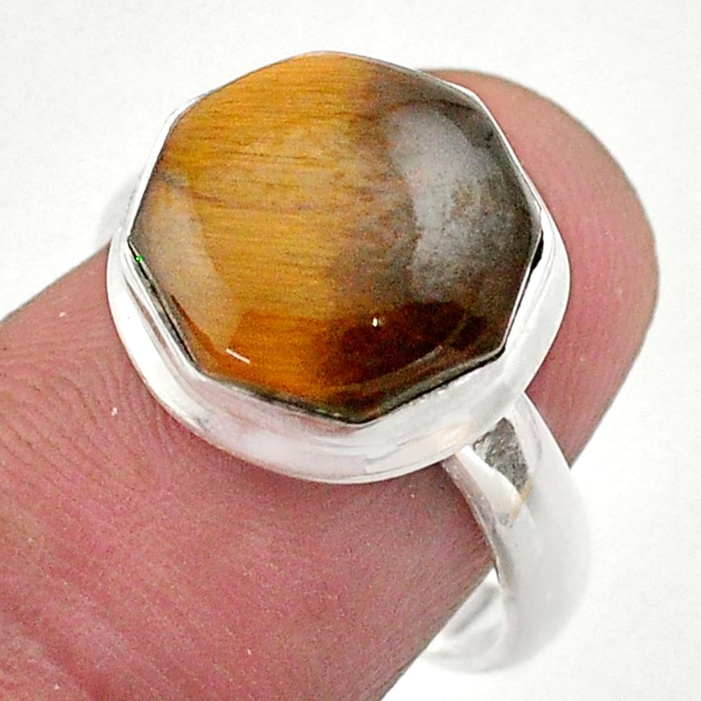 5.84cts hexagon natural brown tiger's eye silver solitaire ring size 7 t48366