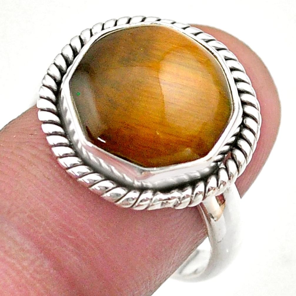 6.54cts hexagon natural brown tiger's eye silver solitaire ring size 8 t48382