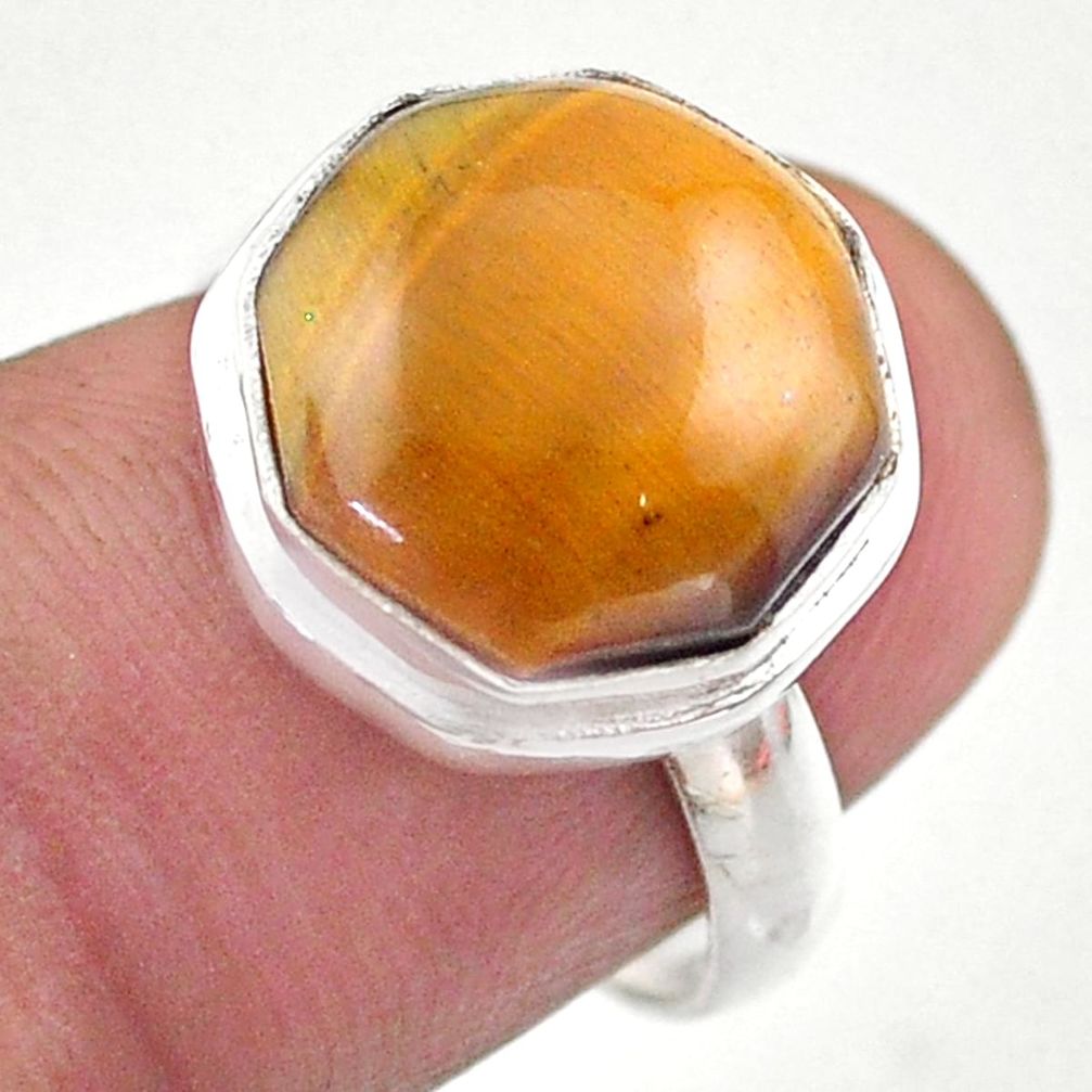 6.33cts hexagon natural brown tiger's eye silver solitaire ring size 6.5 t48330