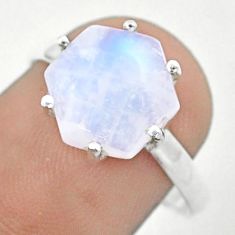 4.59cts hexagon natural rainbow moonstone silver solitaire ring size 9 u20374