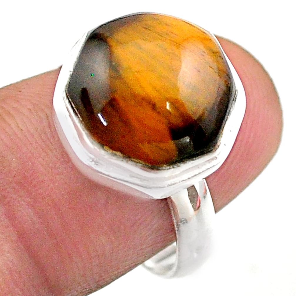 6.54cts hexagon natural tiger's eye 925 silver solitaire ring size 7.5 t48329