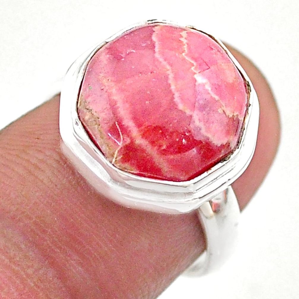 7.12cts hexagon rhodochrosite inca rose silver solitaire ring size 6.5 t48321