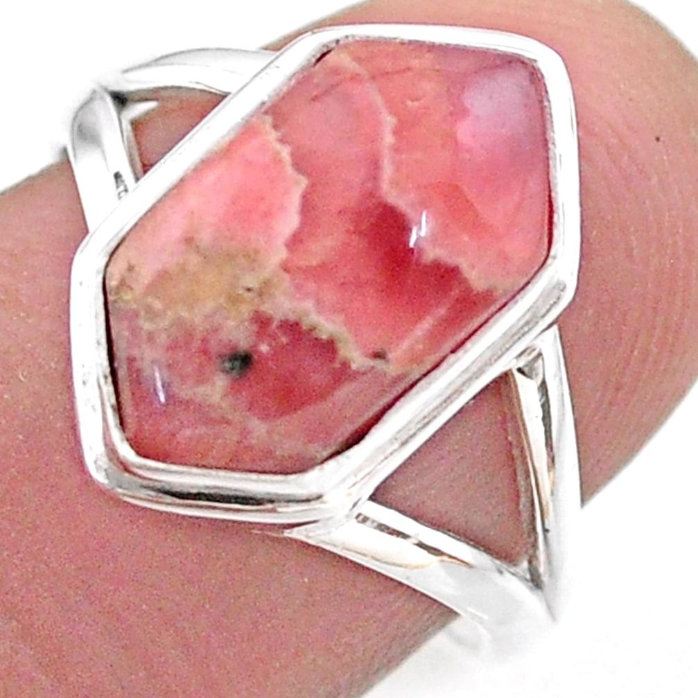 6.04cts hexagon rhodochrosite inca rose silver solitaire ring size 7.5 t48561