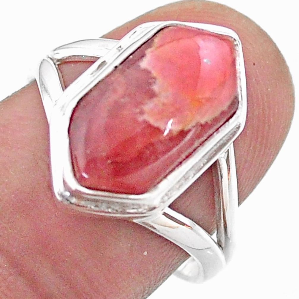 5.84cts hexagon rhodochrosite inca rose silver solitaire ring size 7.5 t48580