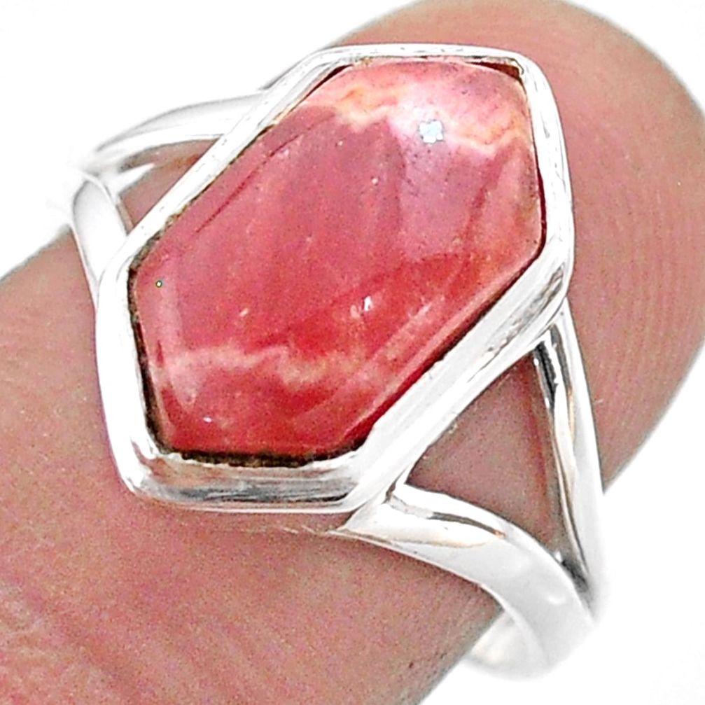 5.87cts hexagon rhodochrosite inca rose silver solitaire ring size 8.5 t48585