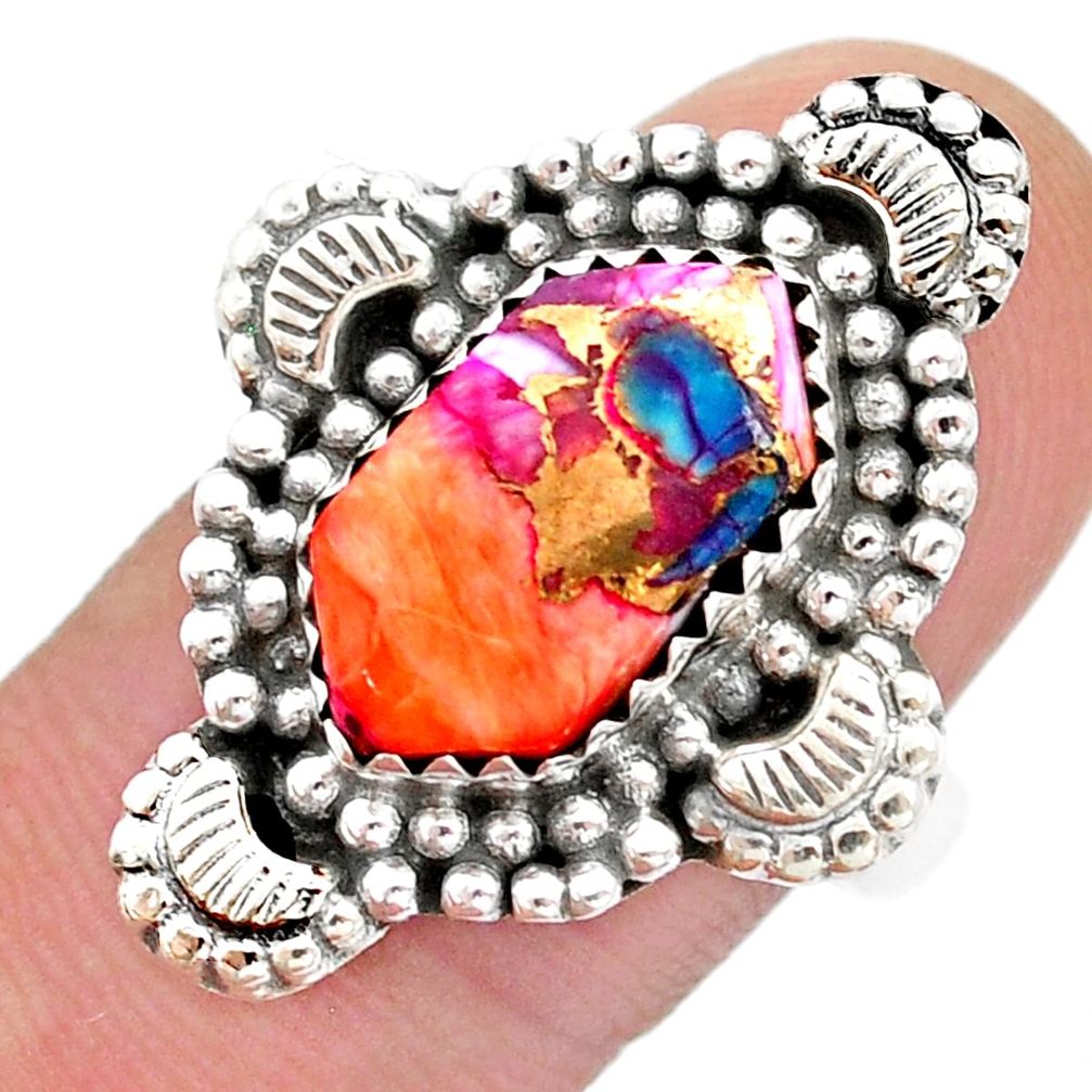 6.07cts hexagon Pink spiny oyster arizona turquoise 925 silver ring size 8.5 u52567