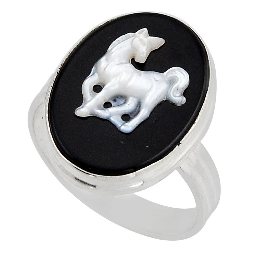 12.08cts horse black opal cameo on black onyx 925 silver ring size 10.5 n6738