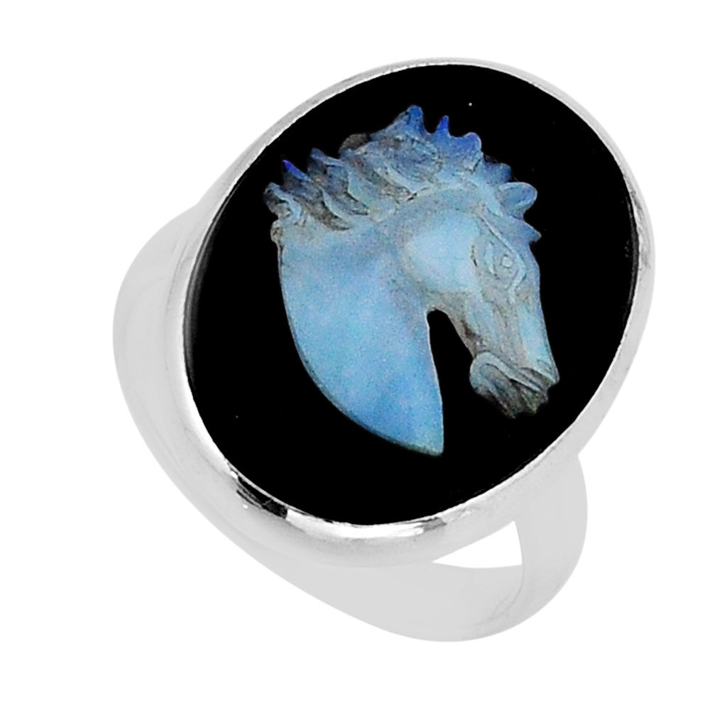 11.23cts horse face opal cameo on black onyx 925 silver ring size 7.5 y72024