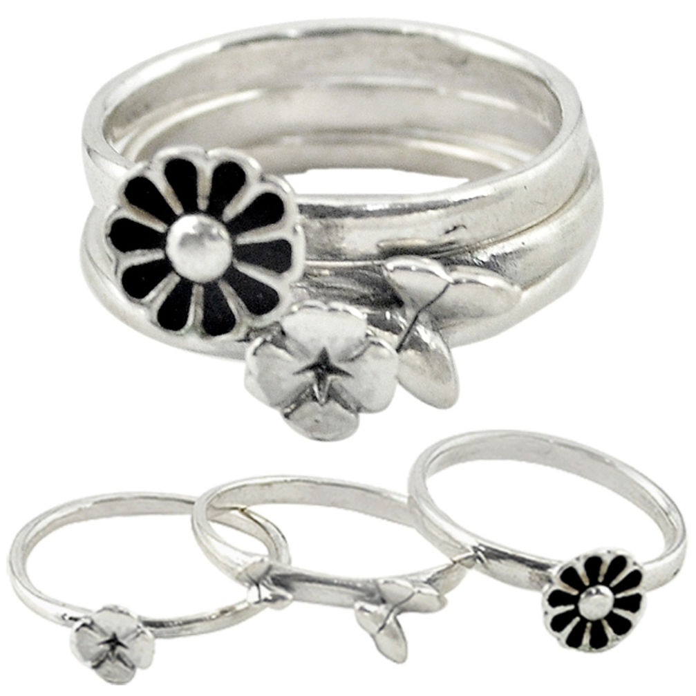 Indonesian bali style solid 925 silver flower 3 band rings size 8.5 c20945