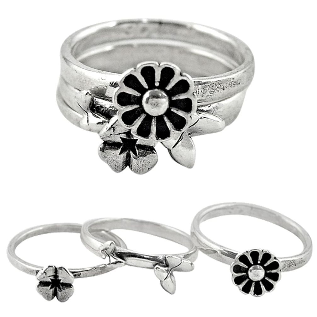 Indonesian bali style solid 925 silver flower 3 band rings size 6.5 c20950