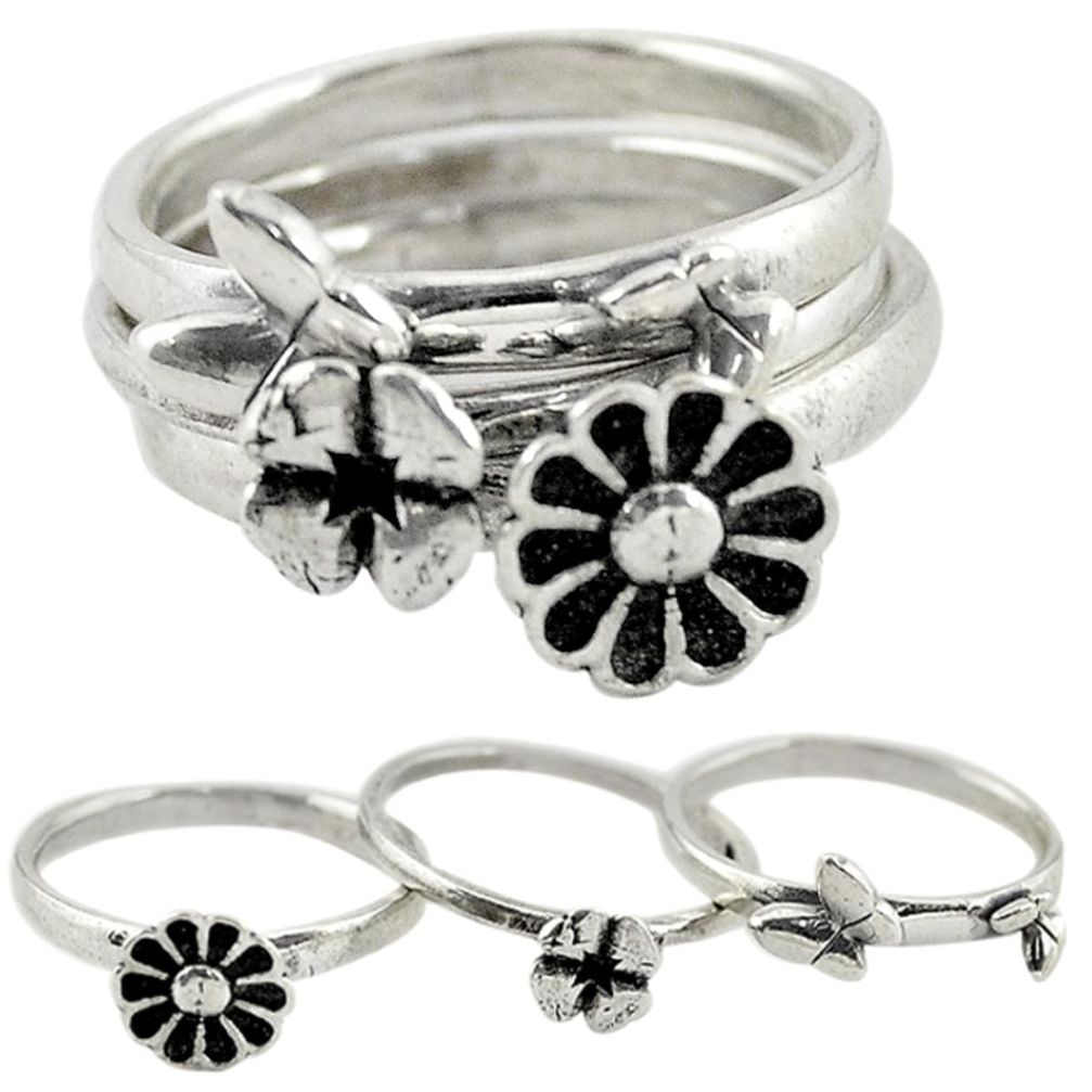 Indonesian bali style solid 925 silver flower 3 band rings size 6 c20956