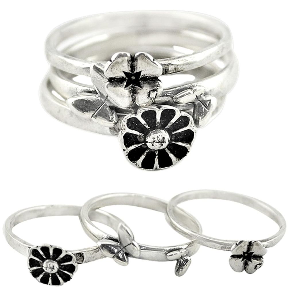 Indonesian bali style solid 925 silver flower 3 band rings size 7 c22227