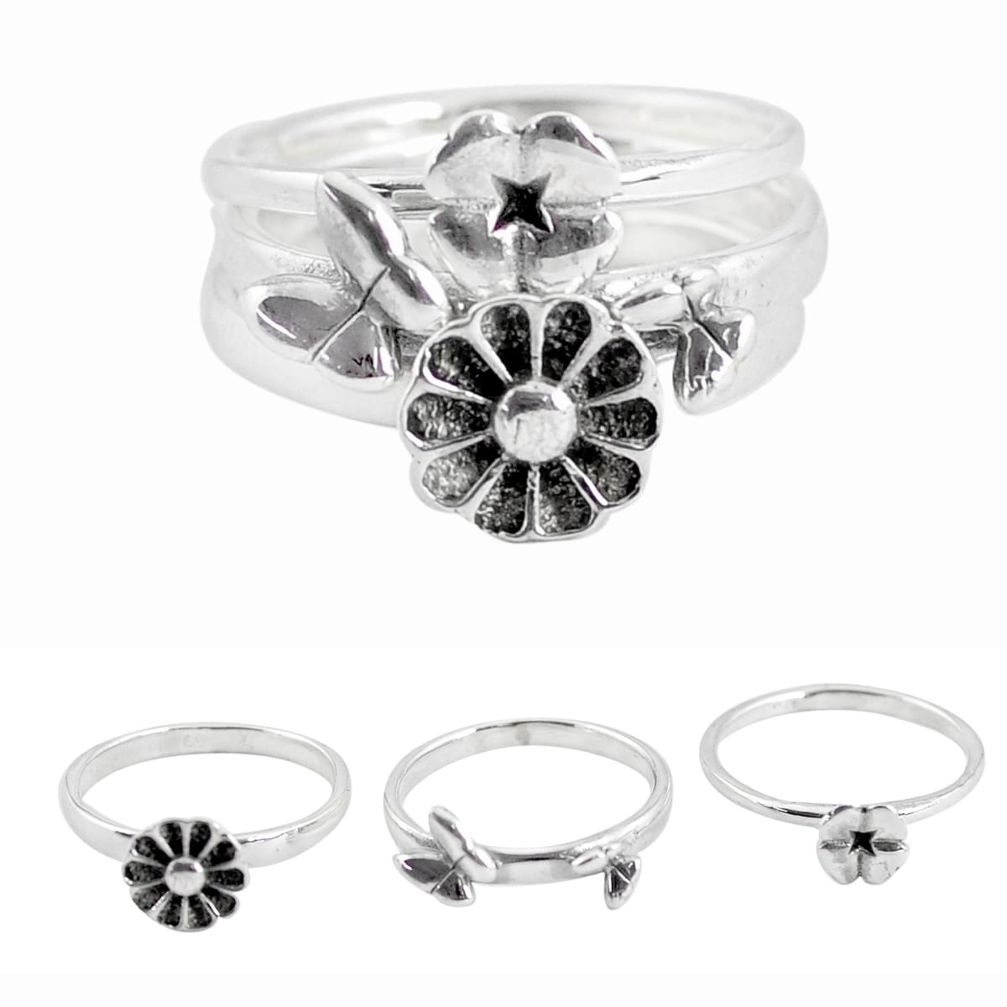 an bali style solid 925 silver flower 3 rings size 7.5 p48623