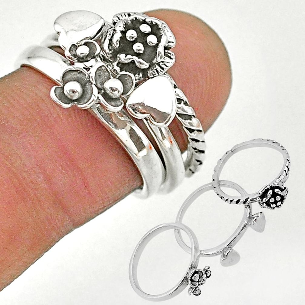 7.26gms indonesian bali style solid 925 silver flower 3 rings size 6 t20637