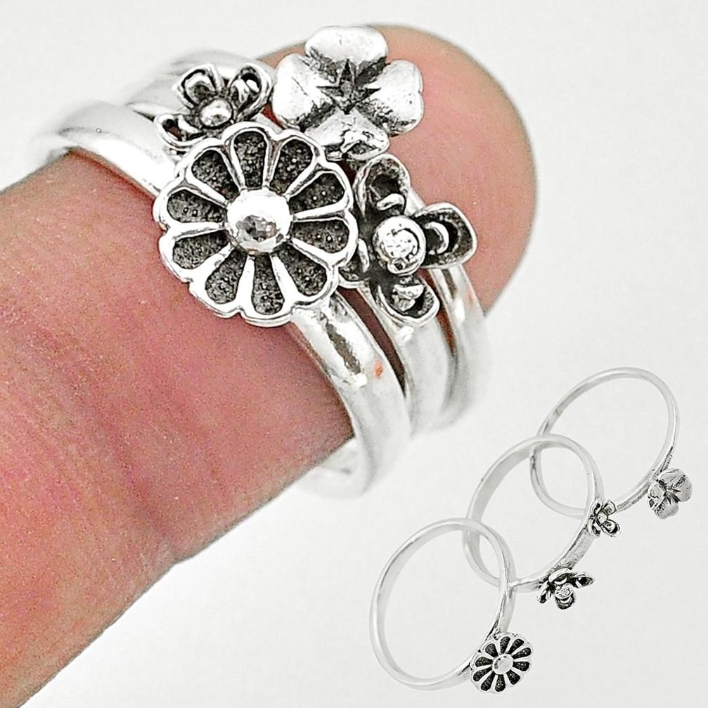 6.41gms indonesian bali style solid 925 silver flower 3 rings size 7 t20627