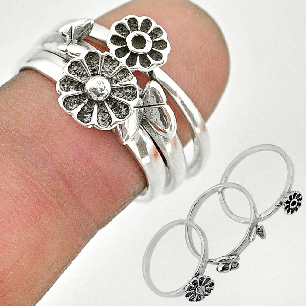 5.89gms indonesian bali style solid 925 silver flower 3 rings size 7 t20638