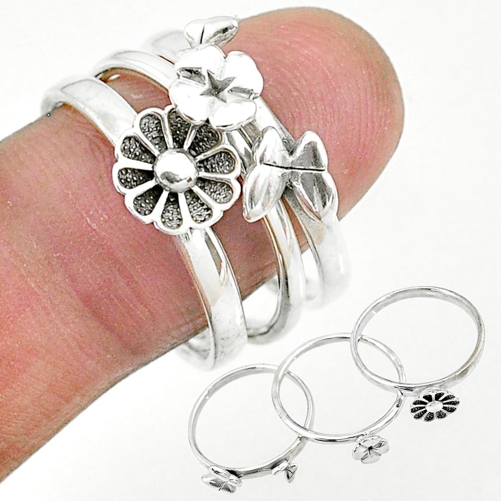 6.89gms indonesian bali style solid 925 silver flower 3 rings size 8.5 t10400