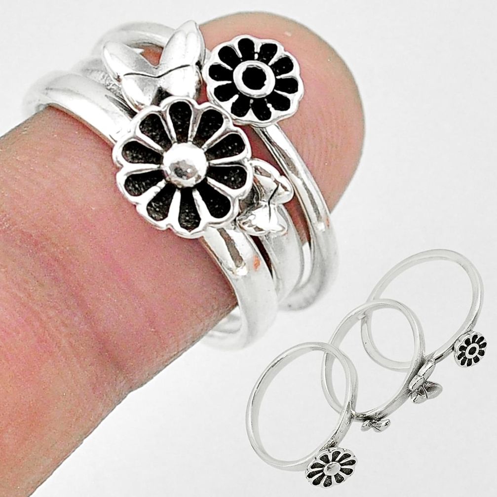 6.89gms indonesian bali style solid 925 silver flower 3 rings size 6.5 t20628