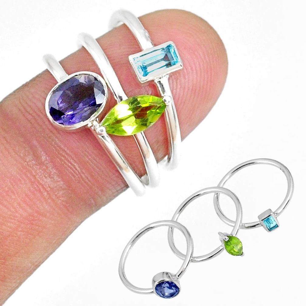 4.92cts iolite peridot blue topaz 925 silver 3 stackable ring size 6.5 r59916