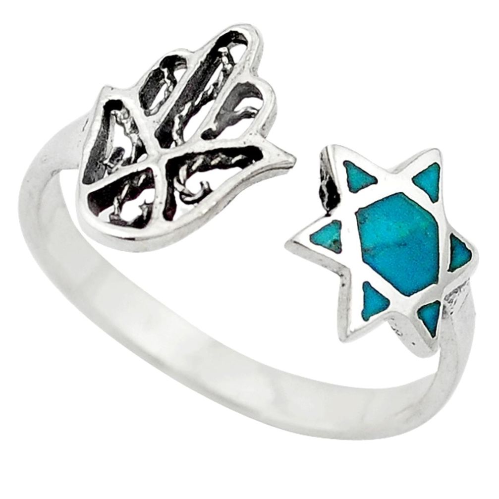 Jewish religious star david 925 silver turquoise adjustable ring size 9 c10714