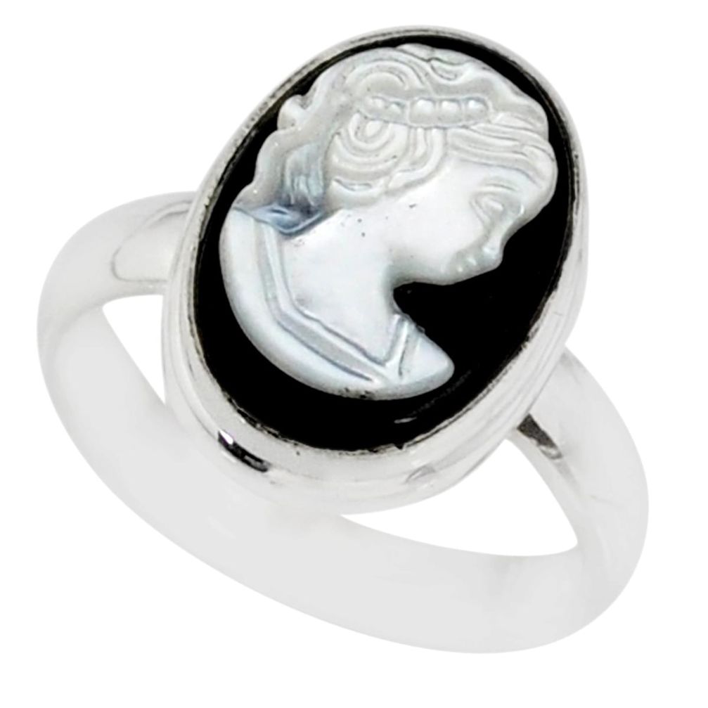 4.64cts lady face natural opal cameo on black onyx 925 silver ring size 7 r80455