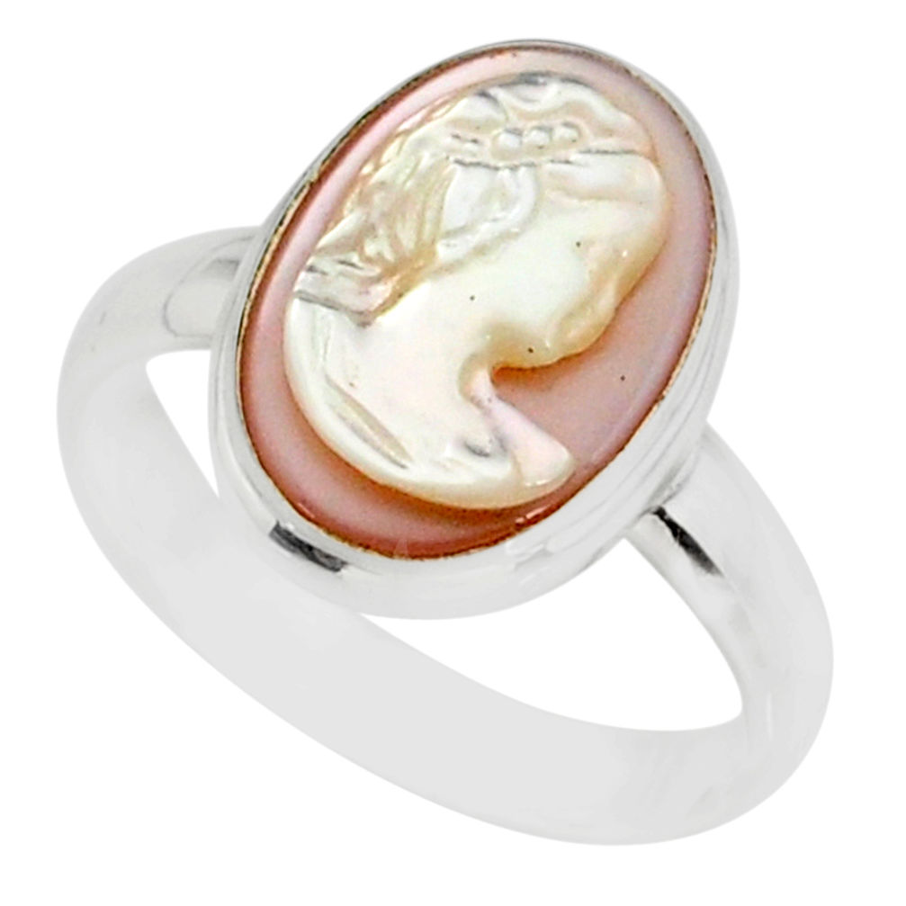 4.84cts lady face natural pink cameo on shell 925 silver ring size 6.5 r80441